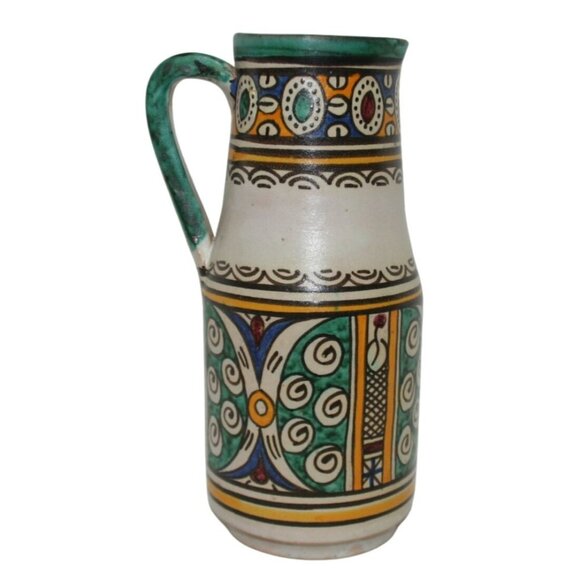 VTG Hand Painted Ceramic Pitcher Pottery Jug Morocco Mediterranean Artist Signed